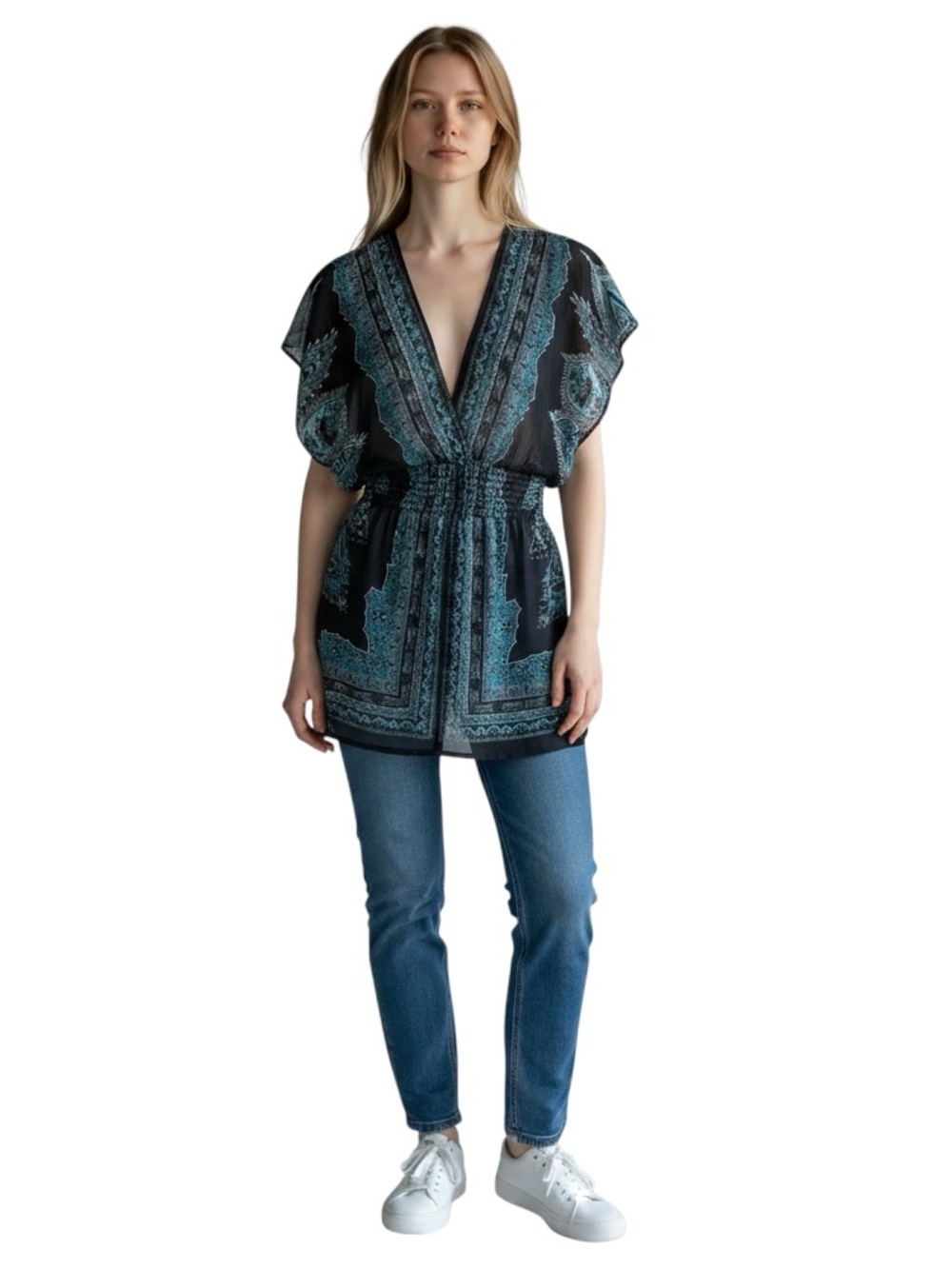 Black & Blue V-Neck Smocked-Waist Tunic Blouse Size XS